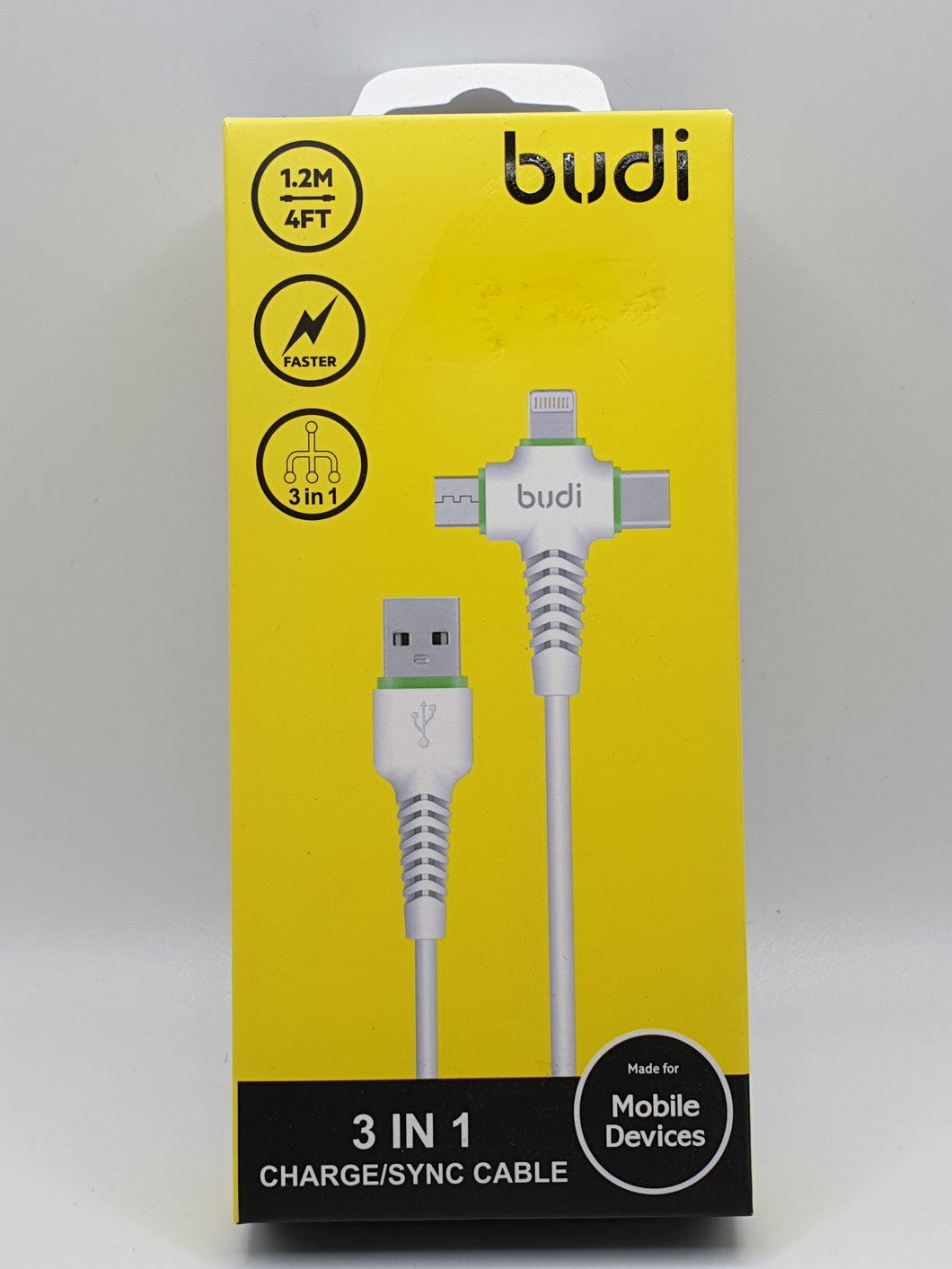 Budi 3 in 1 Cable Lightening Type-C Micro USB 1.2M Fast Charge Smartphones Tablets