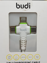 Load image into Gallery viewer, Budi 3 in 1 Cable Lightening Type-C Micro USB 1.2M Fast Charge Smartphones Tablets
