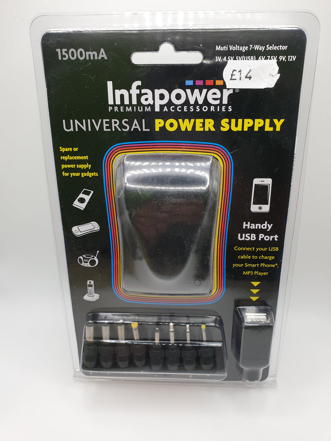 Infapower Universal Power Supply Multi Voltage 7 Way Selector 1500Mah For Radio MP3 Phones Gadgets USB Port