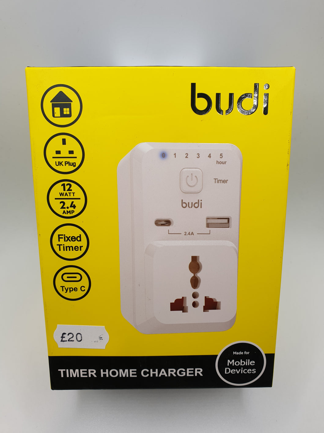 Budi Timer Home Charger For Smartphones Tablets Fast Charging With Type-C & USB Sockets Use International Sockets Shaver On 3 Pin Plug UK