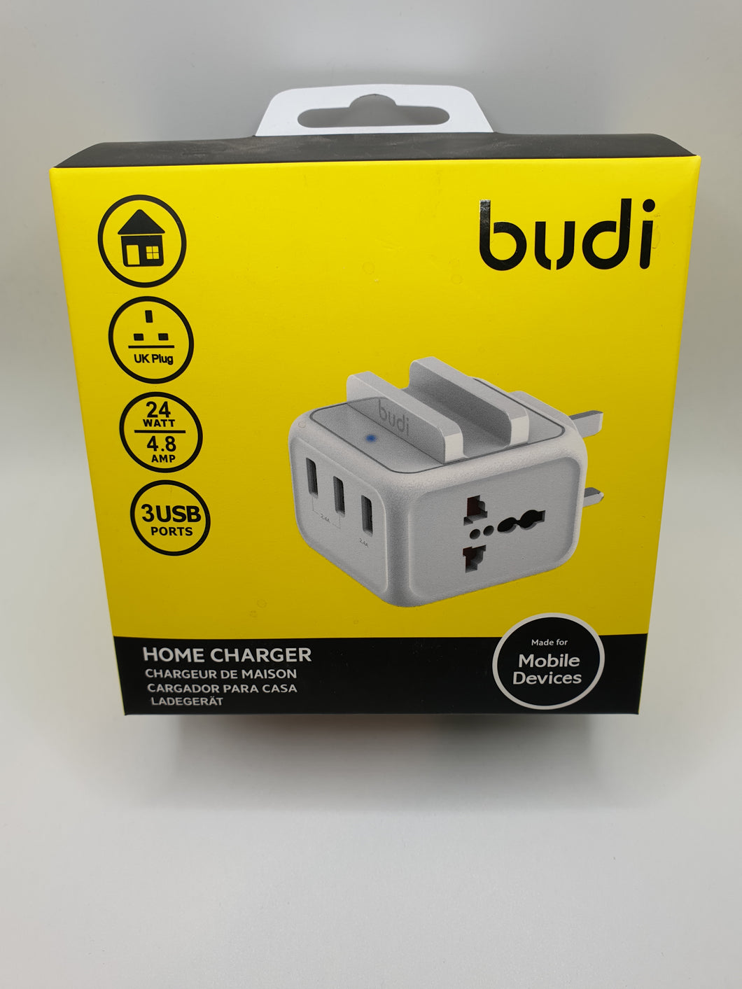 Budi Home Charger UK Plug 24Watt 4.8AMP 3x USB Ports Fast Charging For Smartphones Tablets With Holder Shavers International Adapters